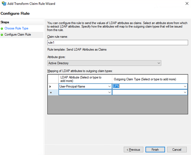 Screen shot of the configured Send LDAP Attributes as Claims rule